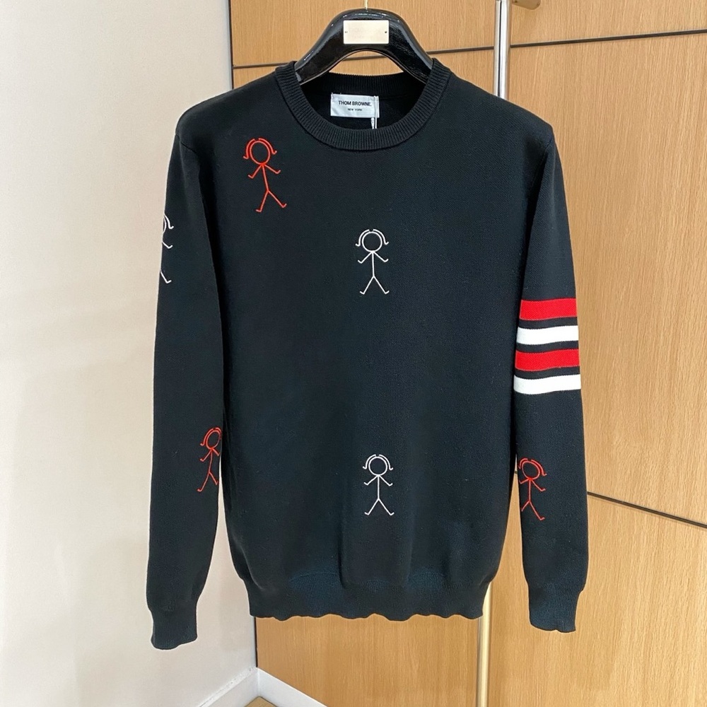 Thom Browne Black Crewneck Sweater with Red and White Accents